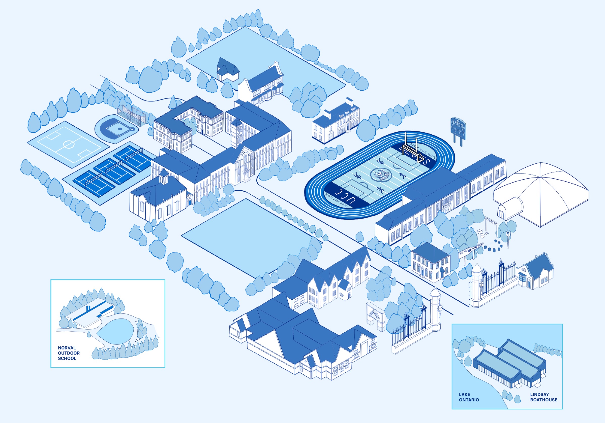 Illustrated aerial map of the Upper Canada College campus, with insets for Norval Outdoor School and the Lake Ontario boathouse.